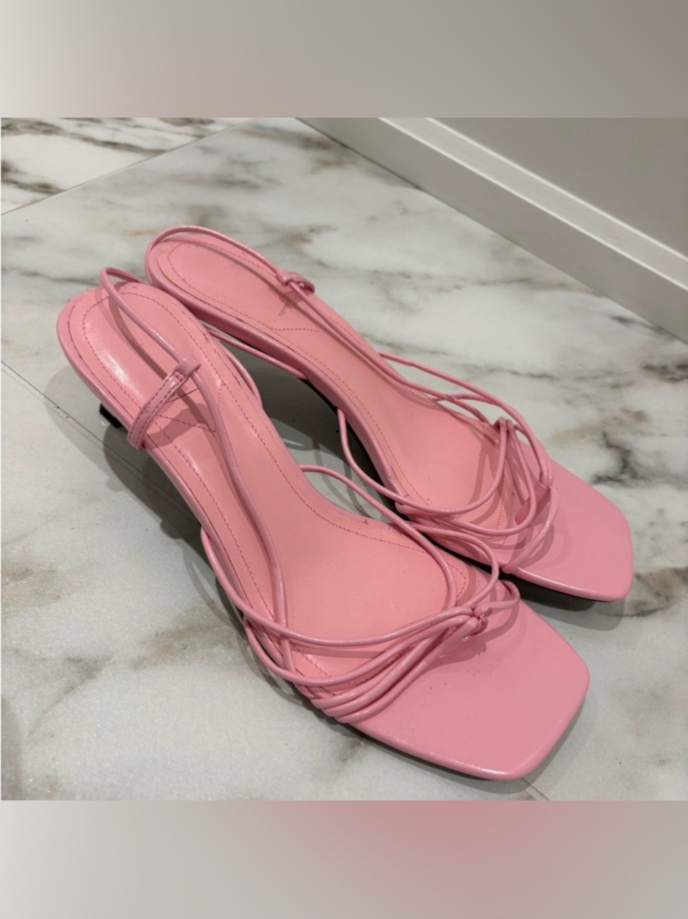 ZARA Pink Strappy Kitten Heel Sandals Size 40 | Square Toe Minimal Heels Barbie - Picture 4 of 4